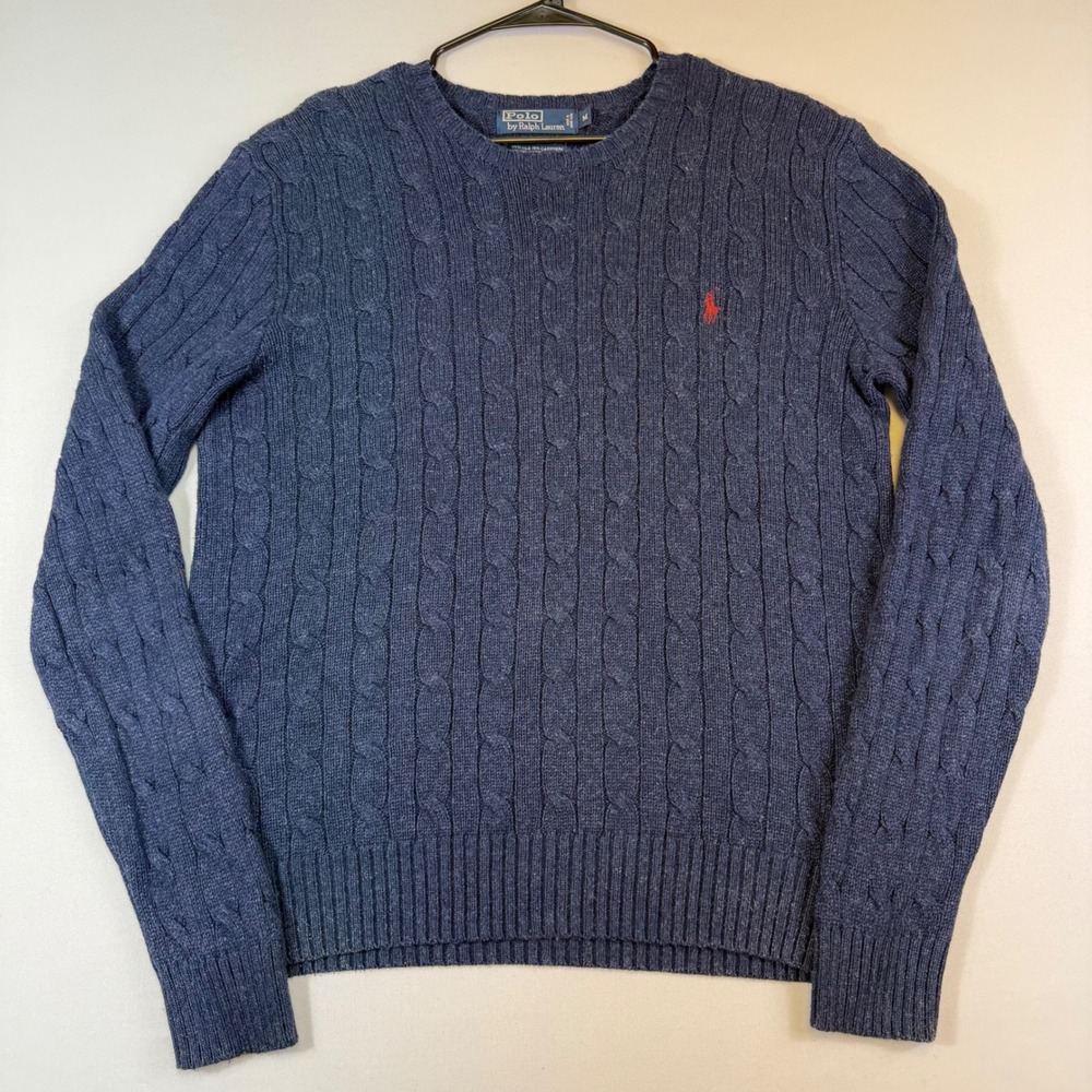 VTG Polo Ralph Lauren Cable Knit Sweater Men M Blue Silk Cashmere Crew Neck Pony